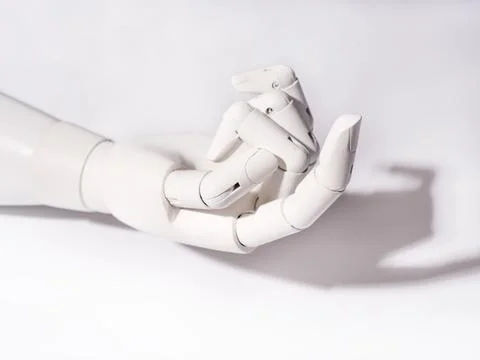 The robot's hand is on a white background 스톡 사진