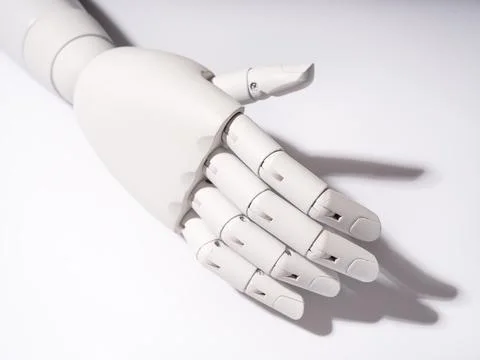 The robot's hand is on a white background 스톡 사진
