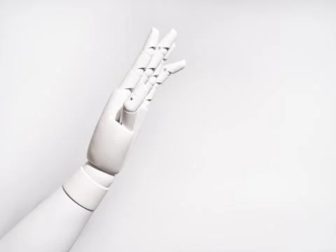 The robot's hand is on a white background 스톡 사진