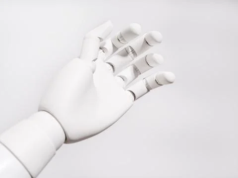 The robot's hand is on a white background 스톡 사진