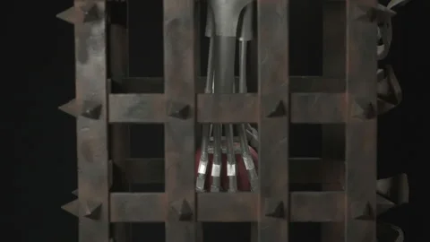 Robot's hands are holding an apple inside an iron rusty cage. 4K Video stock 127690185