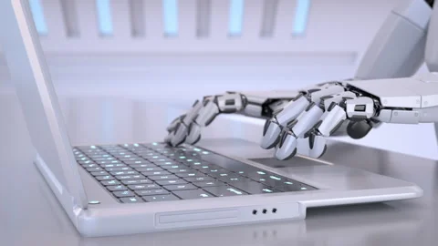 Robots hands typing on a laptop keyboard Vidéo 138991771