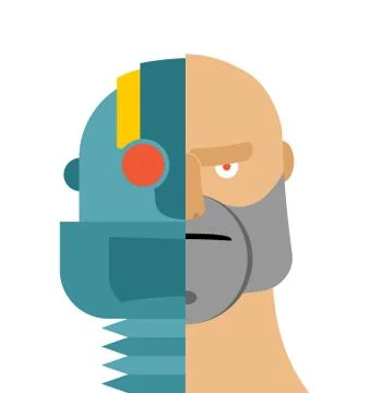 Robots head. Android and people. Iron person and man face. Cybernetic mechani Stock Illustration
