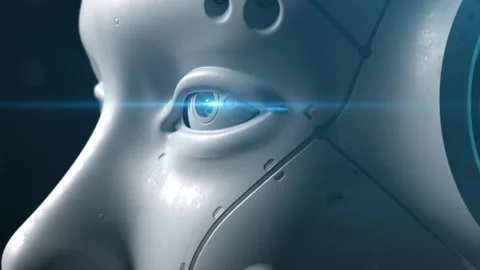 The robot's head. the camera moves slowly from close-up to overall showing th Video stock 171823086