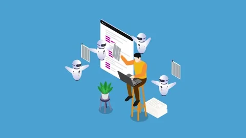 Robots help man doing office work Stock Footage 261120579