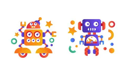Robots Icons Set, Funny Chatbots, Artificial Intelligence Flat Vector Stock Illustration