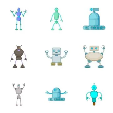 Robots invaders icons set, cartoon style Stock Illustration