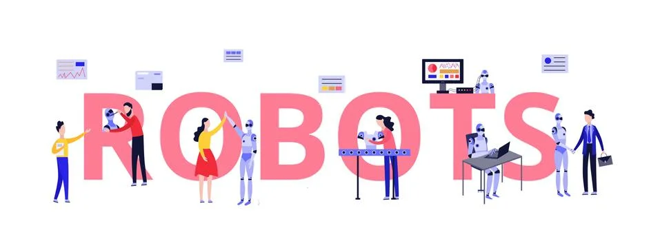 Robots lab with scientists and developer engineers flat vector illustration. Stock Illustration