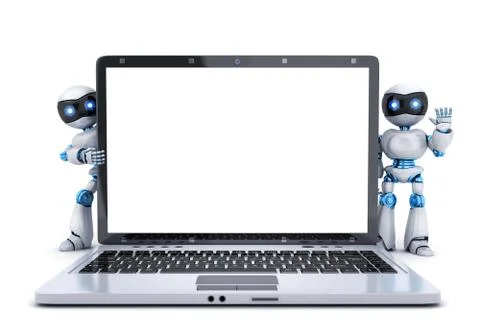 Robots, laptop isolated and empty white screen. 3d illustration Ilustración de archivo