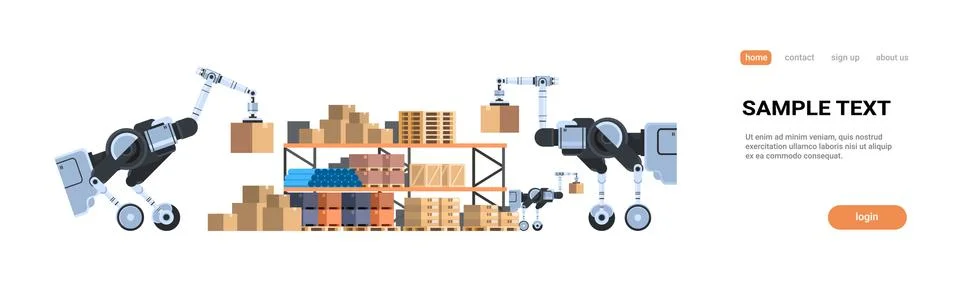 Robots loading cardboard boxes hi-tech smart factory warehouse logistics Illustrazione stock