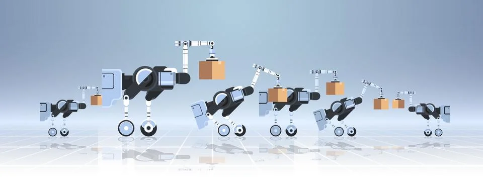 Robots loading cardboard boxes hi-tech smart factory warehouse logistics Stock Illustration