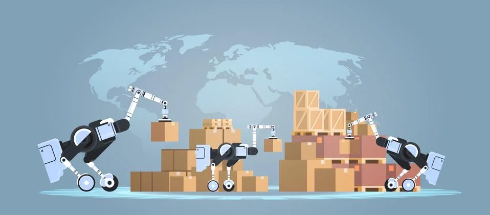 Robots loading cardboard boxes hi-tech smart factory warehouse logistics Stock Illustration