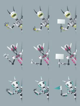Robots look out corner. Robotic information banners mockup interface design Stock Illustration