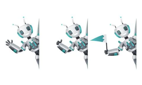 Robots look out corner. Robotic information banners mockup interface design 스톡 일러스트