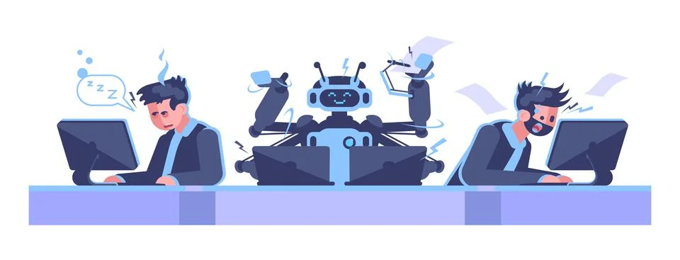 Robots more productive than human workers semi flat color vector illustration Illustrazione stock
