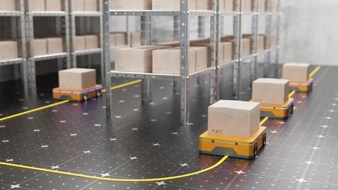Robots move along the shelves with boxes along the yellow line. AGV robots .. 스톡 일러스트