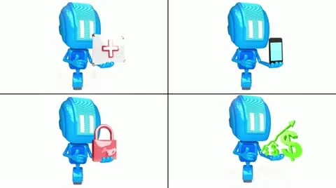 Robots with objects on white background set 02 Stock Footage 11086310