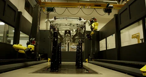 Robots operate inside an enclosed production cell with blue light flashes Video stock 331448675