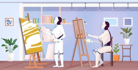 Robots painters using paintbrush and palette robotic artists in front of easel 스톡 일러스트