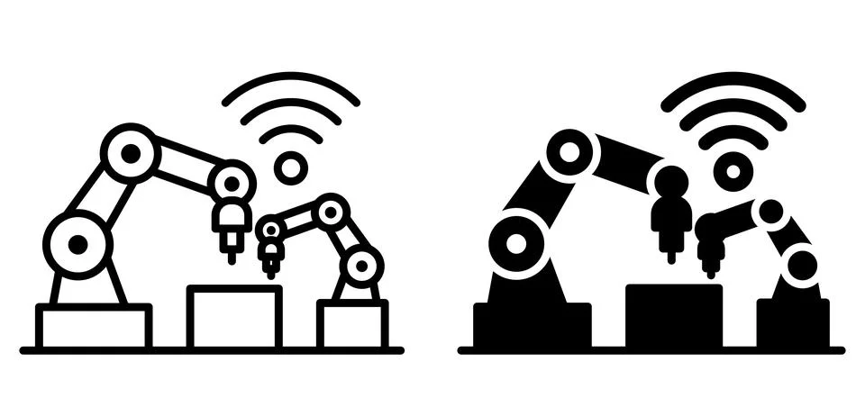 Robots Performing Automated Tasks with WiFi Connectivity in Modern Factory 스톡 일러스트