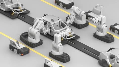 Robots picking up a car door and installing it on the frame Stock Illustration