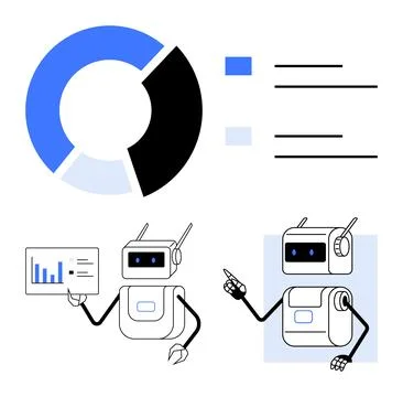 Robots Presenting Data Analytics with Pie Chart and Infographics for High-T.. Illustrazione stock