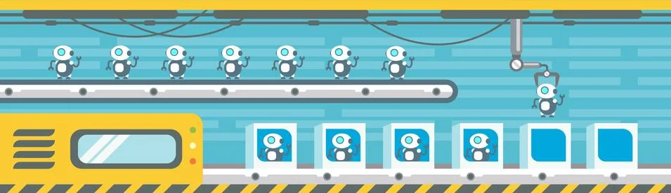 Robots Production Conveyor Automatic Assembly Machinery Industrial Automation Illustrazione stock