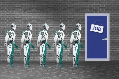 Robots queuing up for job Illustrazione stock