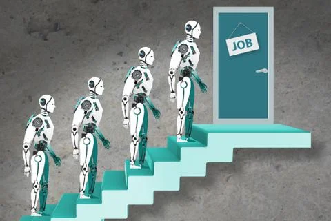 Robots queuing up for job Illustrazione stock