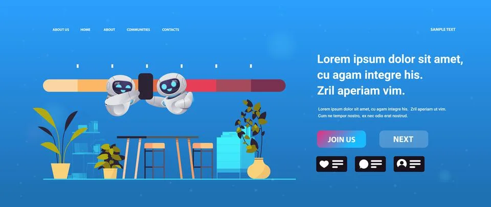 Robots reducing stress level robotic characters struggling with arrow of cris Stock Illustration