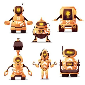 Robots road workers, vector cyborgs, machinery Stock Illustration