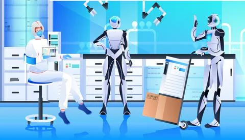 Robots with scientist in protective suit making experiments in lab genetic Illustrazione stock