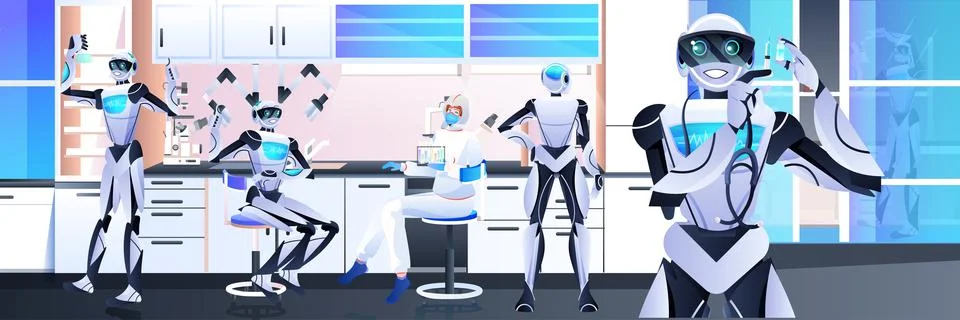 Robots with scientist in protective suit making experiments in lab genetic Stock Illustration