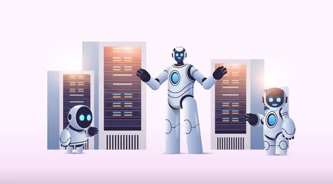 Robots in server room big cloud data analysis artificial intelligence technology Illustrazione stock