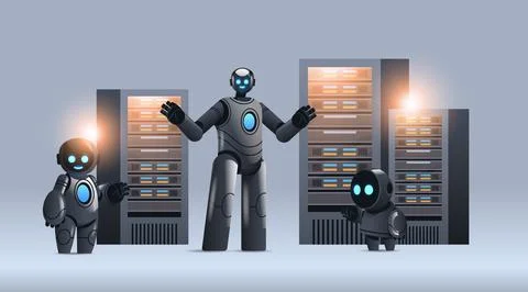 Robots in server room big cloud data analysis artificial intelligence technology Stock Illustration