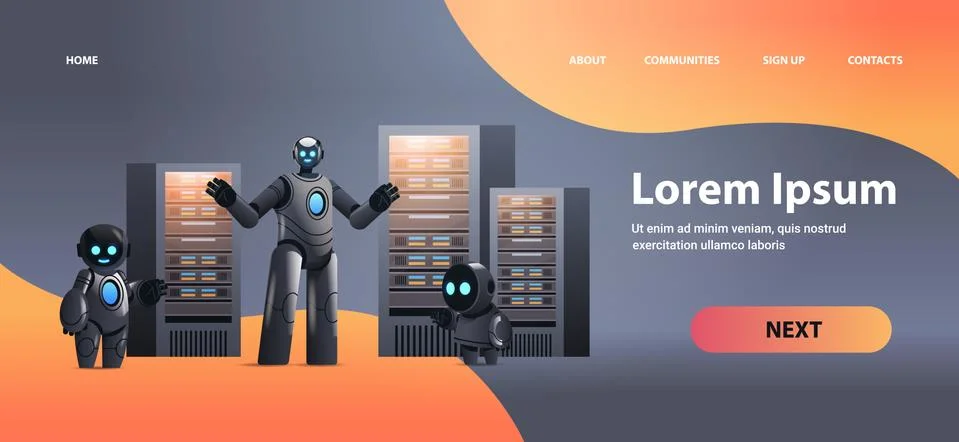 Robots in server room big cloud data analysis artificial intelligence technology 스톡 일러스트