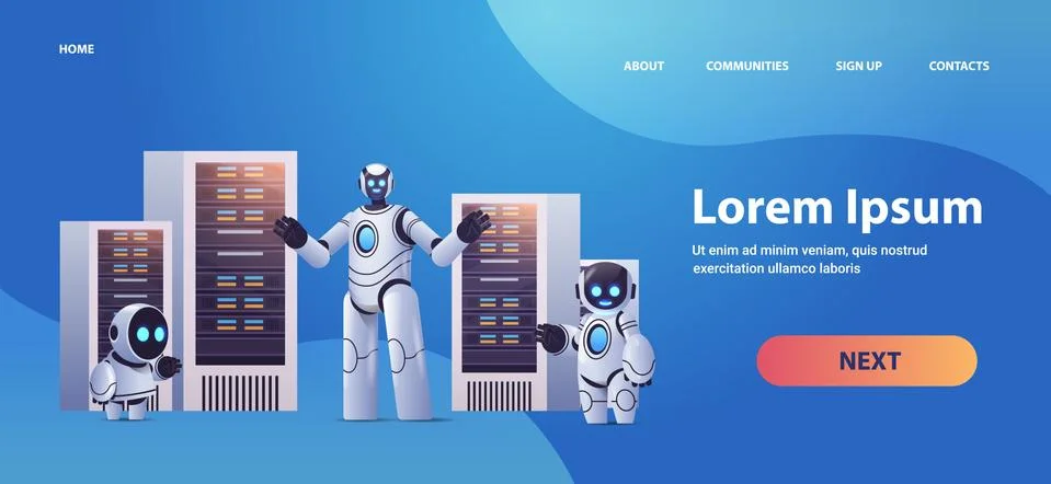 Robots in server room big cloud data analysis artificial intelligence technology Stock Illustration