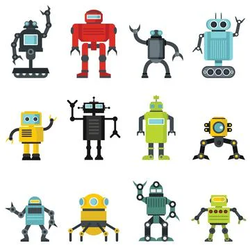 Robots set in cartoon flat design 스톡 일러스트