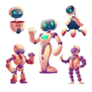 Robots set. Humanoid cyborgs with face, body, arms Stock-Illustration