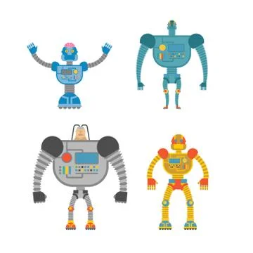 Robots Set . Space invaders Cyborgs. Iron colored robots. Stock Illustration