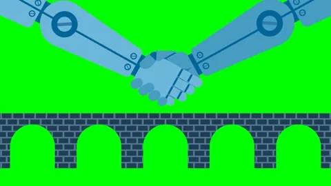 Robots shake hands on the background of bridge. Robot handshake connecting Stock Footage 318441150