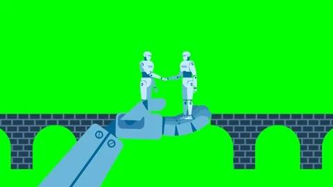 Robots shake hands on background of a bridge. Robot handshake connecting Video stock 320598409