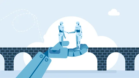 Robots shake hands on the background of a bridge. Robot handshake connecting Stock Footage 325666113