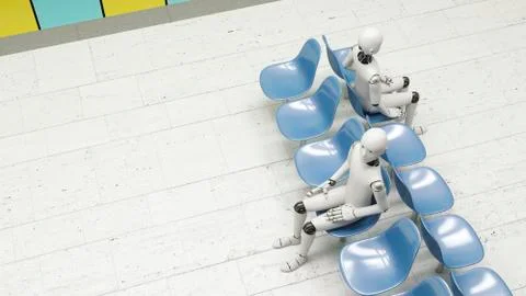Robots sitting in waiting area Stock Illustration