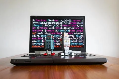 Robots with source code screen, artificial intelligence, deep learning concep Stock Photos