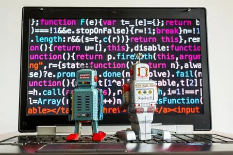 Robots with source code screen, artificial intelligence, deep learning concep Stock Photos