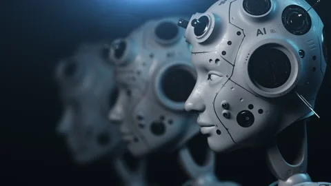 Robots stand in a row watching what is happening in front of them. concept of Stock Footage 171823338