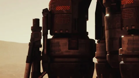 Robots stand on the surface of a distant planet in a harsh environment Stock Footage 343495227