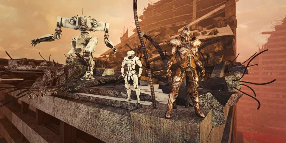 Robots standing on dilapidated building Stock Illustration