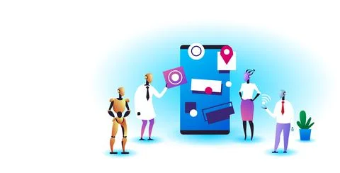 Robots team working in software develop user interface development artificial Stock Illustration